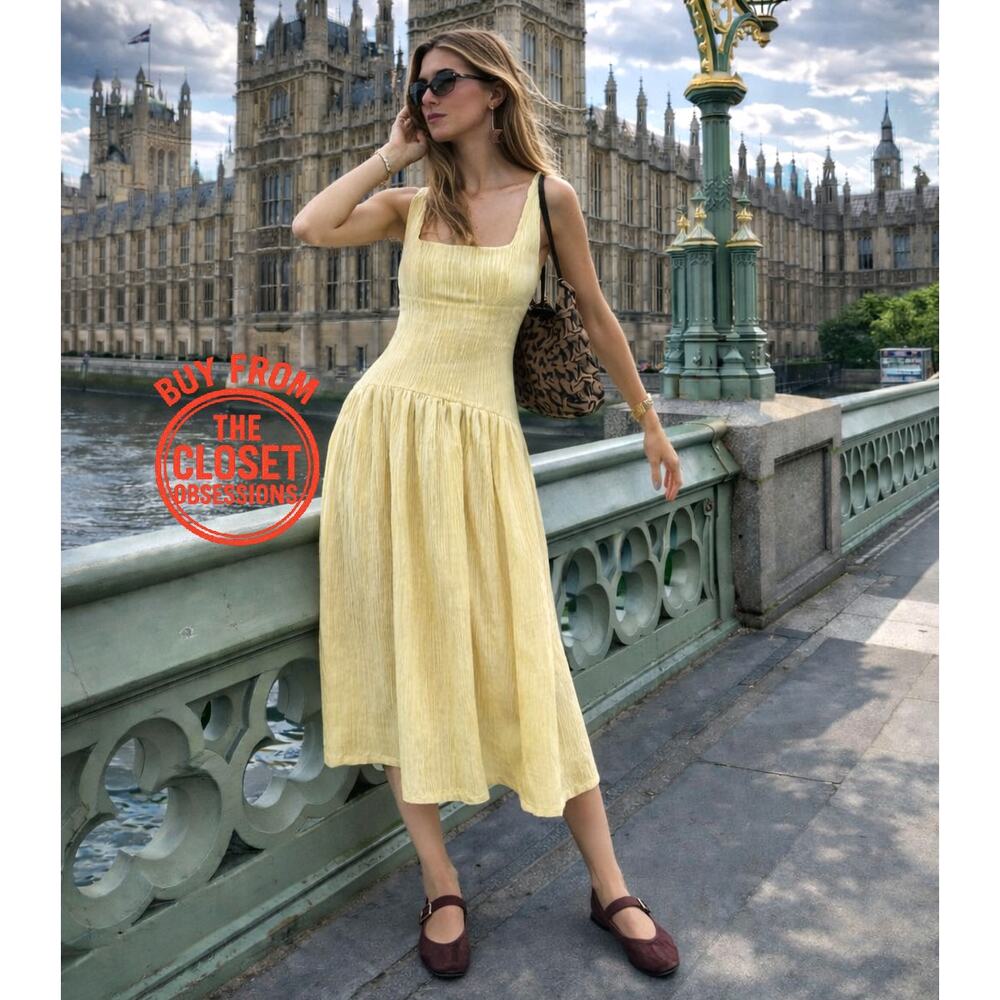 ZARA Yellow Textured Midi Dress NWT Square Neck Open Back Cottagecore Size S - Picture 12 of 16